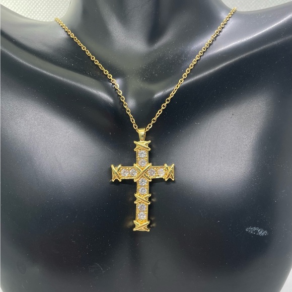 14k yellow gold plated cross necklace pendant simulated lab diamonds - Picture 5 of 7